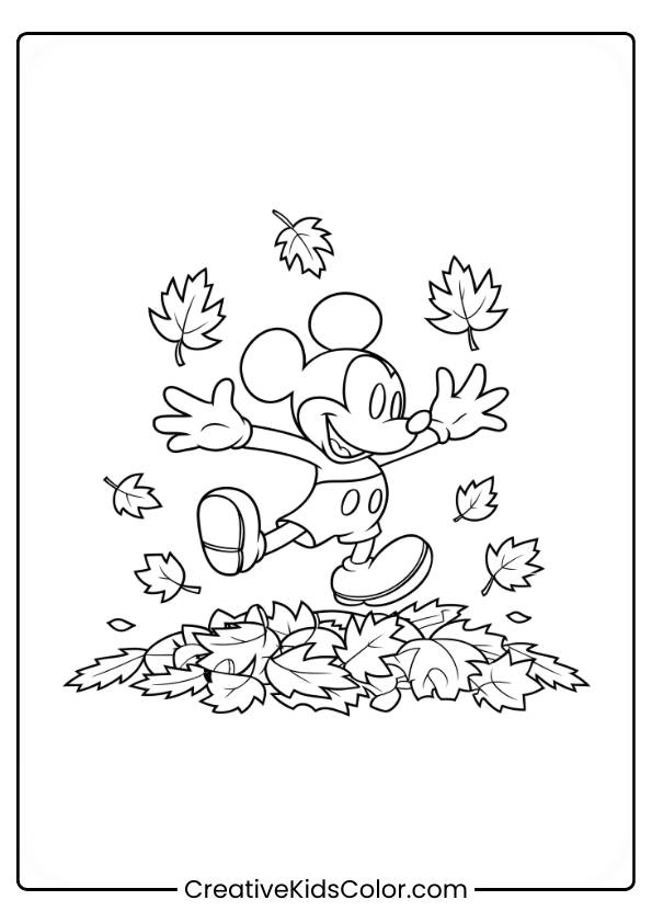 Mickey Mouse Jumping In Autumn Leaves, Featured In This Fun Disney Coloring Page.