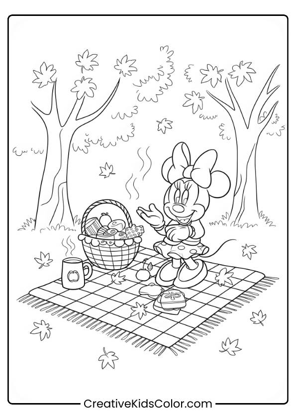 Minnie Mouse Having An Autumn Picnic Under Trees With Fallen Leaves In This Disney Coloring Page.