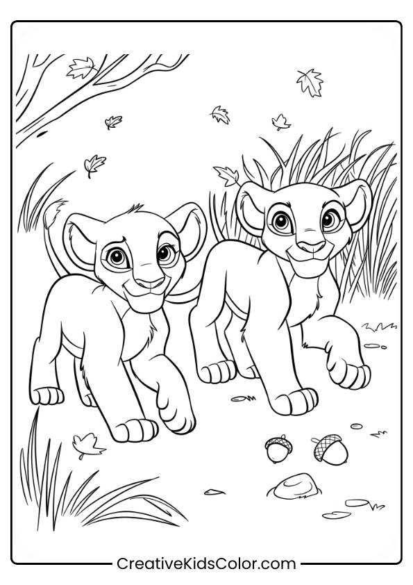 Simba And Nala Exploring The Autumn Savannah, Depicted In This Fall Disney Coloring Page.