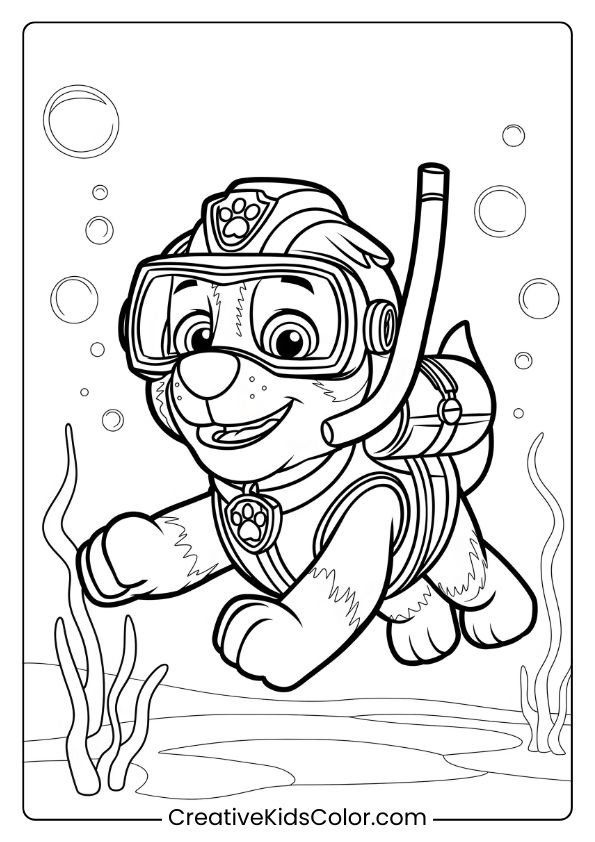 Paw Patrol Ausmalbild Mit Zuma, Der Unter Wasser Taucht, Mit Schnorchel Und Blasen Um Sich Herum.
