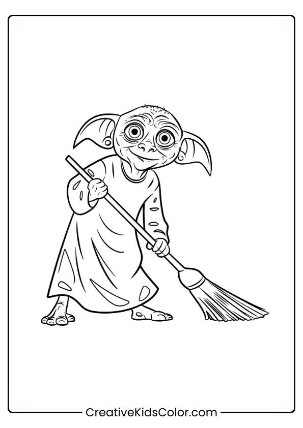 Dobby Is Seen Happily Sweeping The Gryffindor Common Room, Illustrating His Loyalty And Hardworking Nature In This Charming Coloring Page.