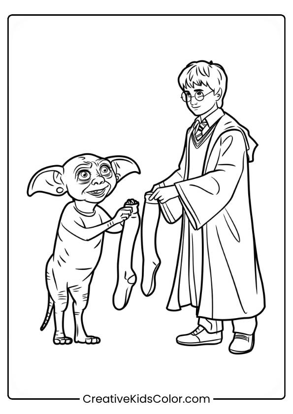 Dobby Stands Gratefully, Holding Clothes Given By Harry Potter, Signifying His Freedom, In This Touching Coloring Page.