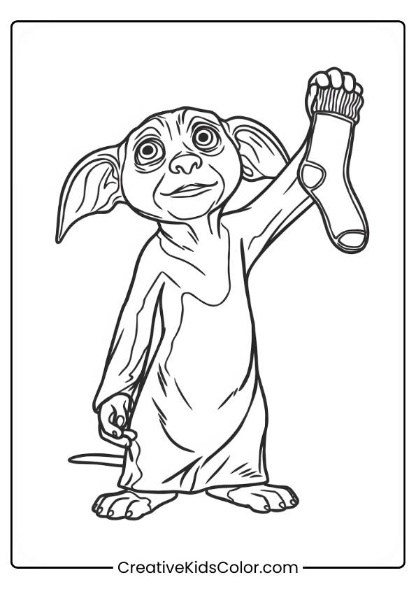 Dobby Stands Tall With His Freedom-Giving Sock In Hand, Symbolizing His Joy And Independence In This Meaningful Coloring Page.