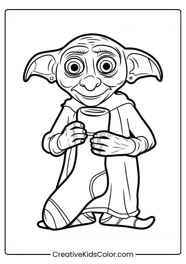 Dobby, The House-Elf, Holds His Treasured Sock With Joy, Symbolizing His Freedom In This Heartwarming Coloring Page.