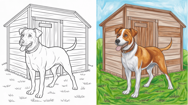 Coloring Page Cover Of A Dog By A Shed, Left Side Uncolored, Right Side Fully Colored In An Outdoor Setting.