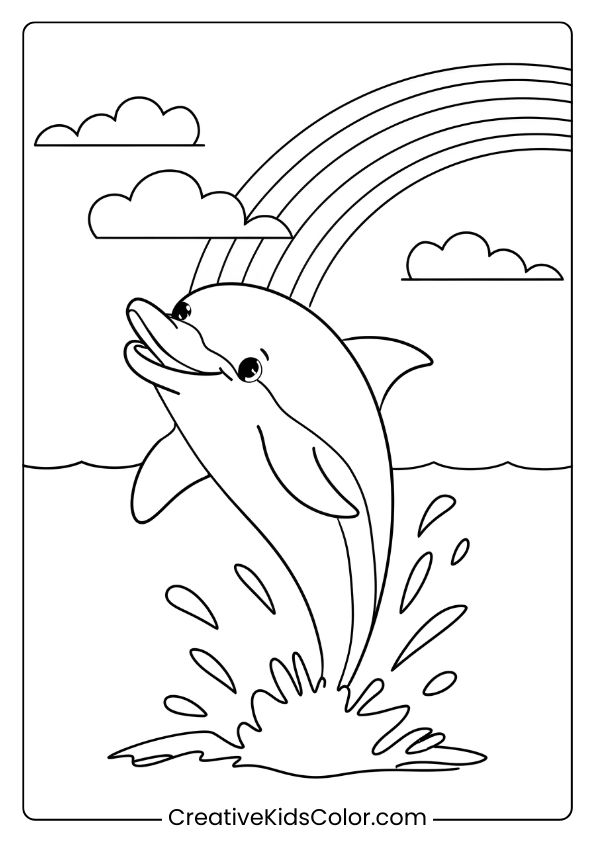 A Dolphin Celebrating Under A Rainbow Sky, Creating A Colorful And Lively Coloring Page.