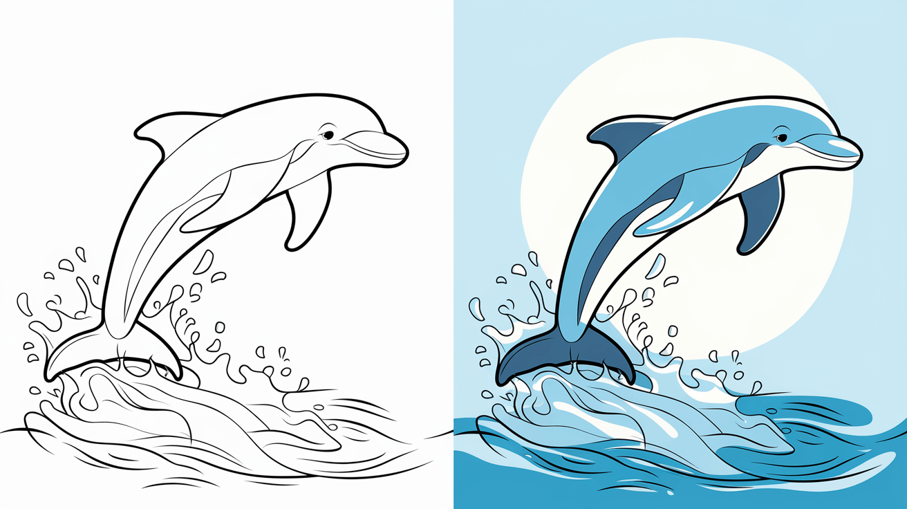 This Coloring Page Cover Shows A Dolphin Leaping In Monochrome On The Left And Fully Colored With Splashing Water On The Right.