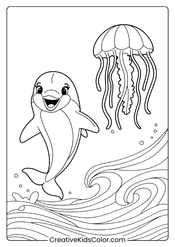 A Dolphin Dancing In The Waves With A Jellyfish, A Graceful Coloring Page.
