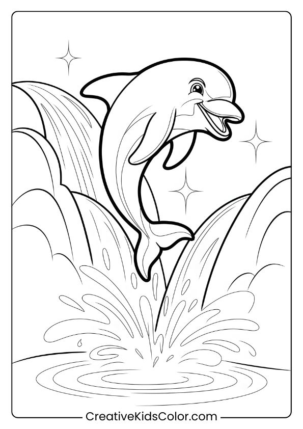 A Dolphin Jumping From A Sparkling Waterfall, Showcasing A Dynamic Scene For An Engaging Coloring Page.