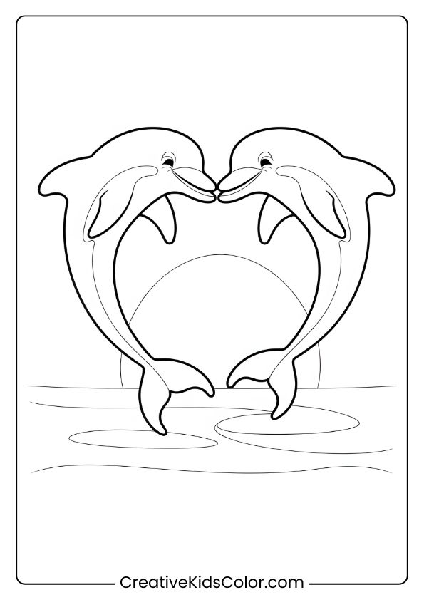 A Dolphin Pair Forming A Heart In The Sunset, A Heartwarming Coloring Page.