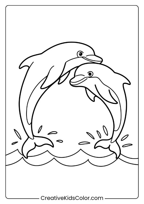 Two Dolphins Jumping In Harmony, A Joyful And Lively Coloring Page.