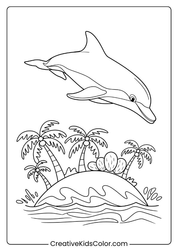 A Dolphin Jumping Above A Tropical Island, A Scenic View For A Coloring Page.