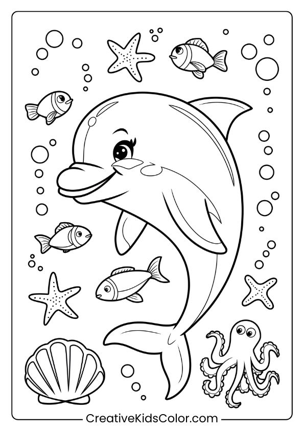 A Dolphin Among Vibrant Sea Creatures, Perfect For A Lively Underwater-Themed Coloring Page.