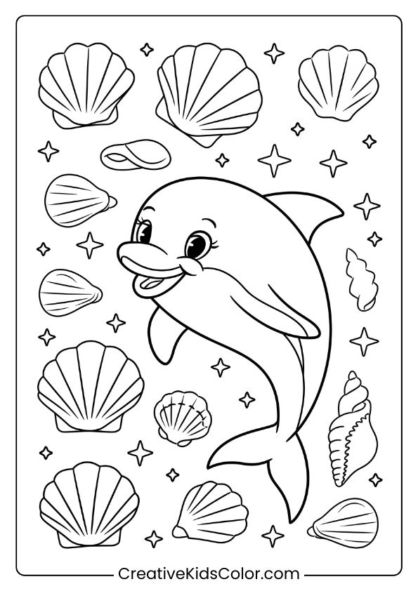 A Dolphin Surrounded By Twinkling Seashells, A Magical Coloring Page.