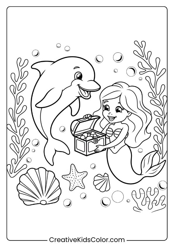 A Dolphin And Mermaid Discovering Ocean Secrets, Making A Magical Coloring Page.