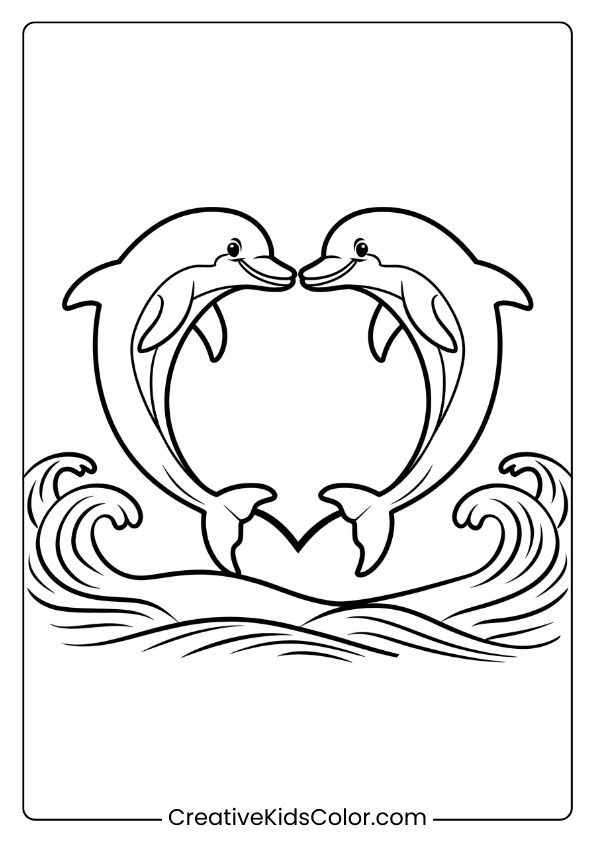 Two Dolphins Making A Heart In The Waves, A Touching Coloring Page.