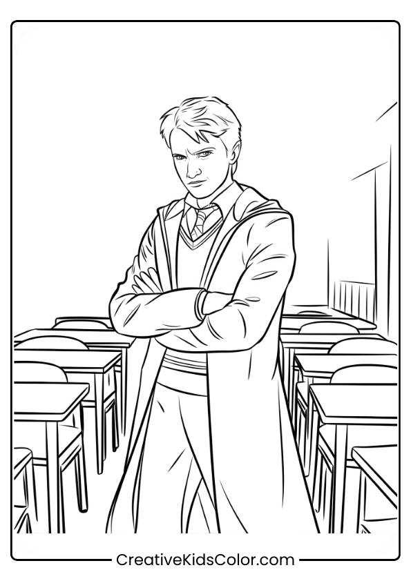 Draco Malfoy Stands With A Sneaky Expression In A Classroom, Ready For Mischief In This Intense Coloring Page.