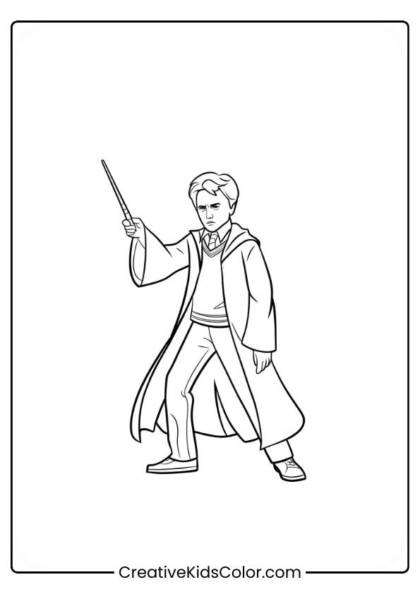 Draco Malfoy Stands Confidently With His Wand In Hand, Ready For A Duel, In The Slytherin Common Room In This Intense Coloring Page.