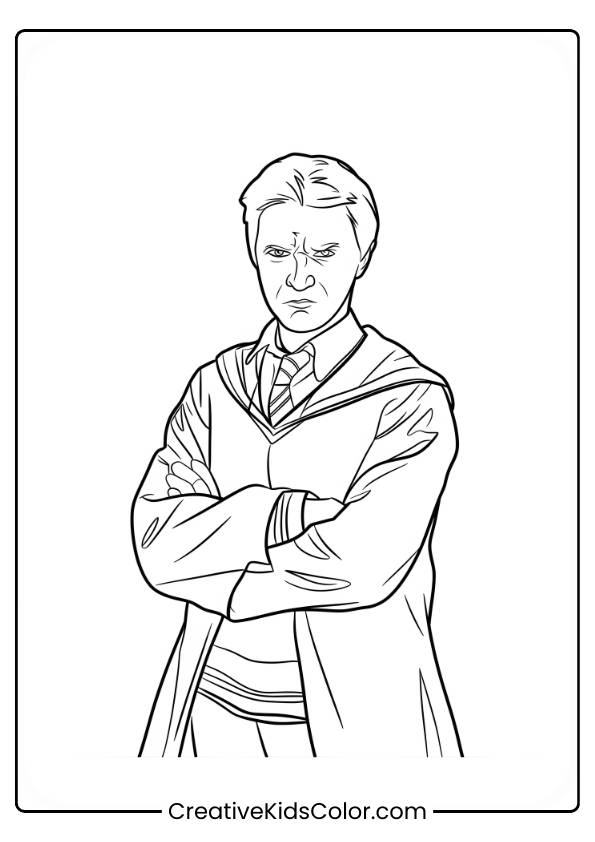 Draco Malfoy Stands With A Sneer, Arms Crossed In His Slytherin Robes, Watching The Quidditch Match In This Expressive Coloring Page.