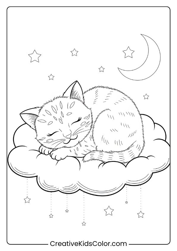 A Dreamy Kitten Lying On A Cloud With Stars, Creating A Calm And Peaceful Coloring Page.