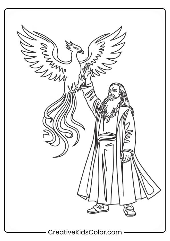 Dumbledore Reaches Out To His Phoenix, Fawkes, Whose Wings Are Fully Extended, Creating A Majestic Scene In This Coloring Page.