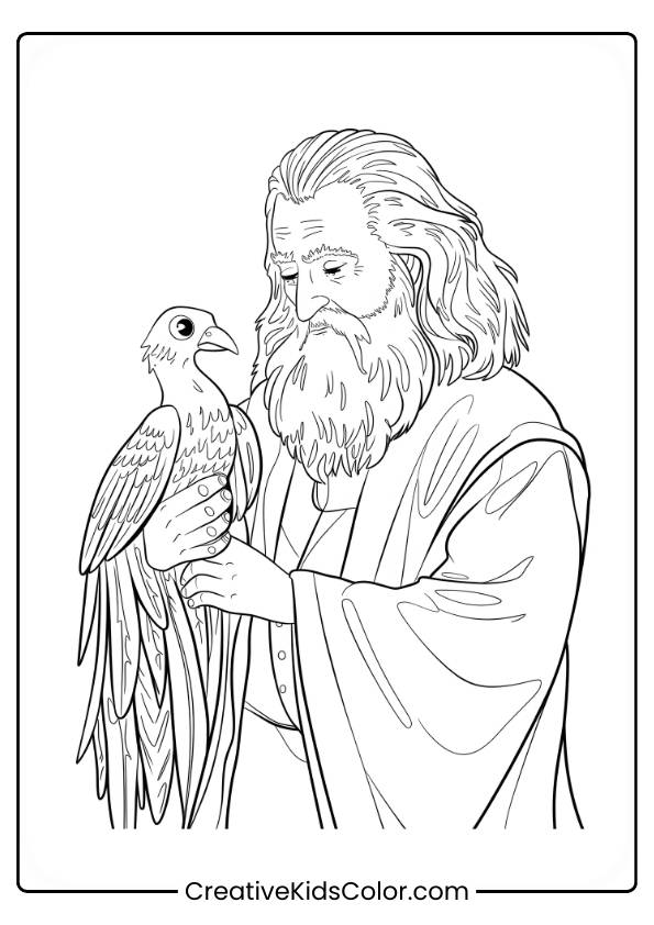 Dumbledore Stands Serenely, Holding His Majestic Phoenix Fawkes, Both Appearing Calm And Regal In This Coloring Page.