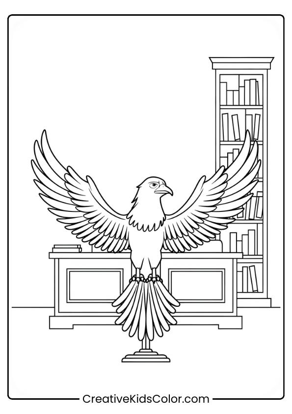 Fawkes The Phoenix Perches In Dumbledore'S Office, Surrounded By Books And Magical Artifacts, In This Detailed Coloring Page.