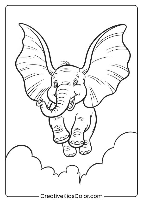 Coloring Page Of Dumbo Flying High With His Large Ears.