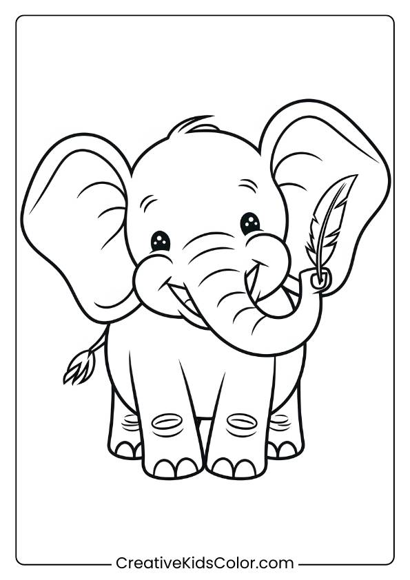 Coloring Page Of Dumbo Smiling While Holding A Feather.