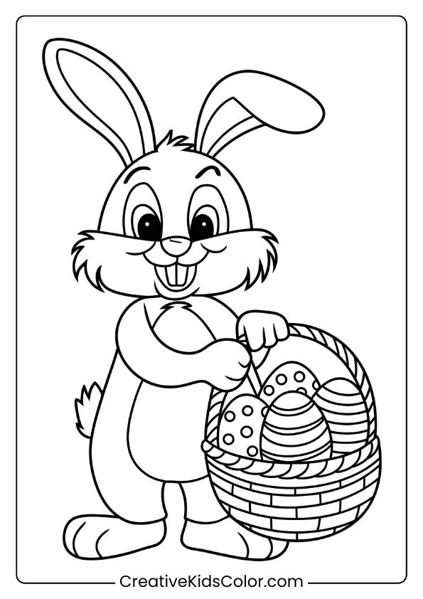 Coloring Page Of A Bunny Holding An Easter Basket Filled With Patterned Eggs, Perfect For A Festive Coloring Experience.