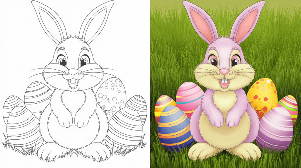 Ausmalbild Cover Mit Osterhase Links Nicht Ausgemalt Rechts Bunt Mit Eiern Und Gras Koloriert.