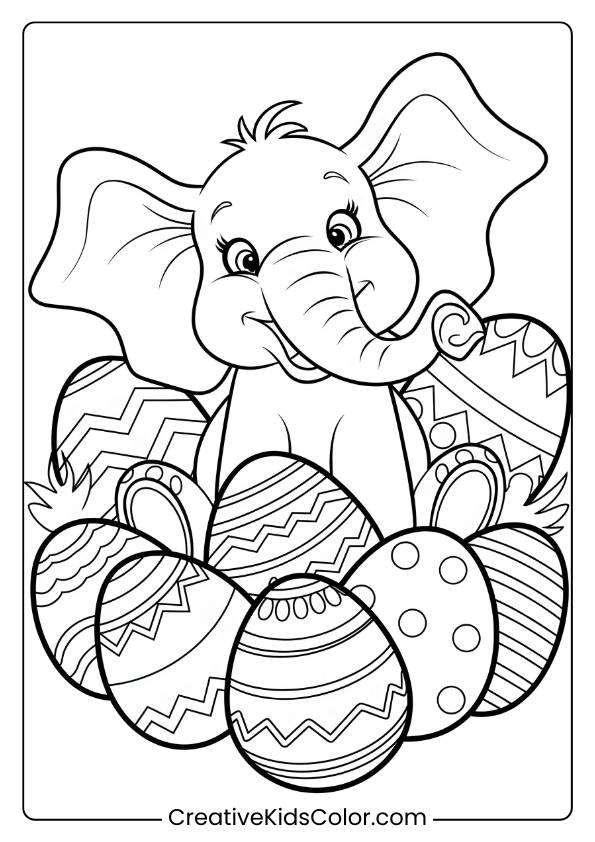 Coloring Page Of An Elephant With Decorated Easter Eggs.