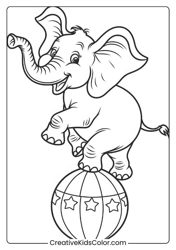 Coloring Page Of An Elephant On A Star-Patterned Circus Ball.