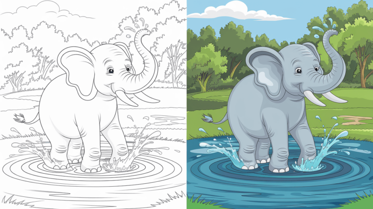 This Coloring Page Cover Shows An Elephant Splashing In Monochrome On The Left And Fully Colored In A Lush Landscape On The Right.
