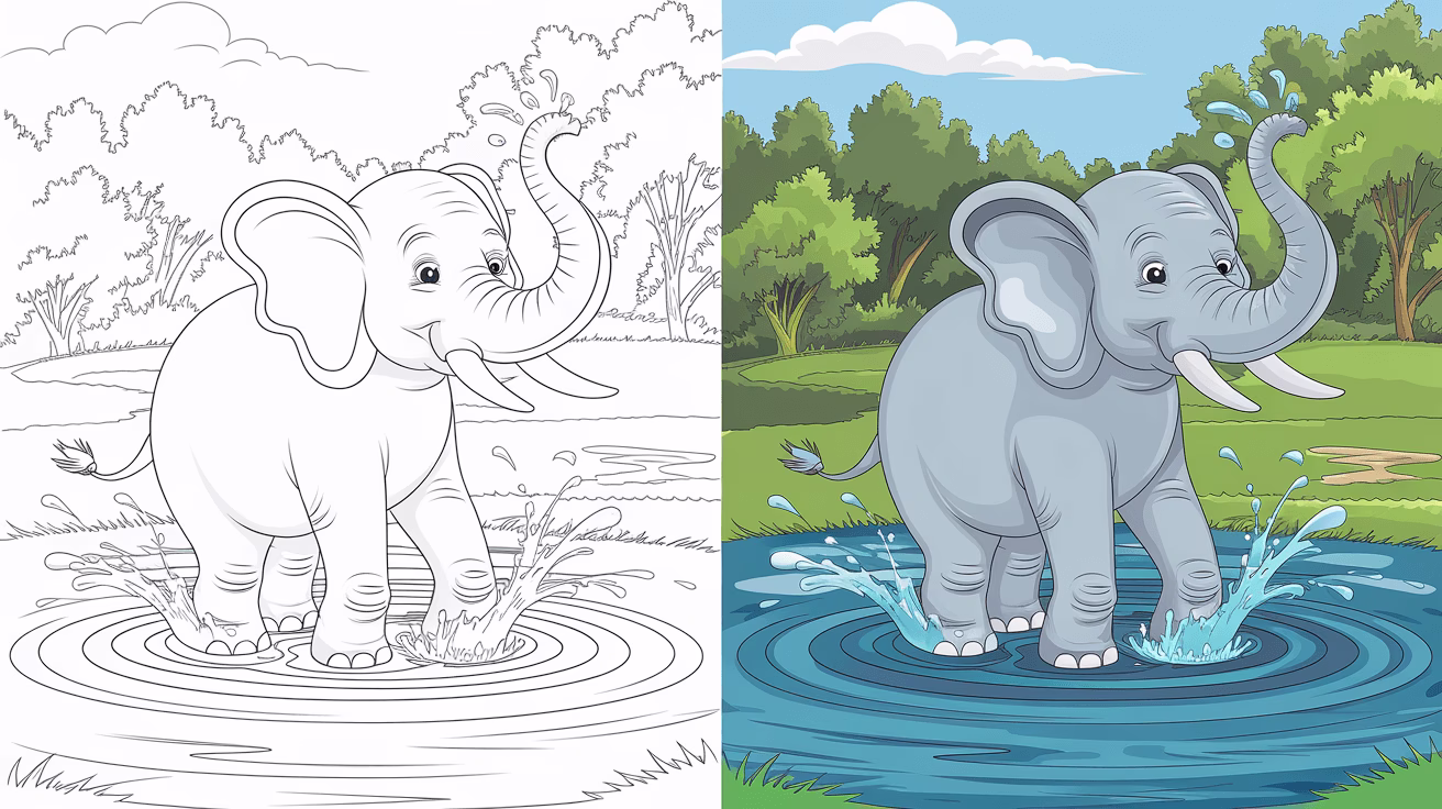 This Coloring Page Cover Shows An Elephant Splashing In Monochrome On The Left And Fully Colored In A Lush Landscape On The Right.