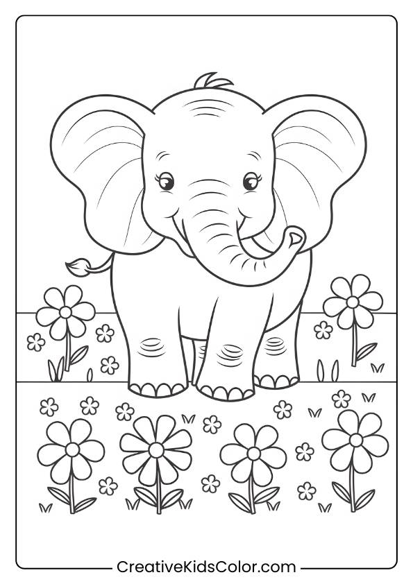 Coloring Page Of An Elephant Among Flowers.