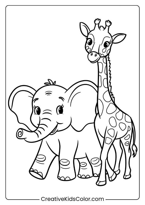 Coloring Page Of An Elephant And Giraffe Strolling Together.