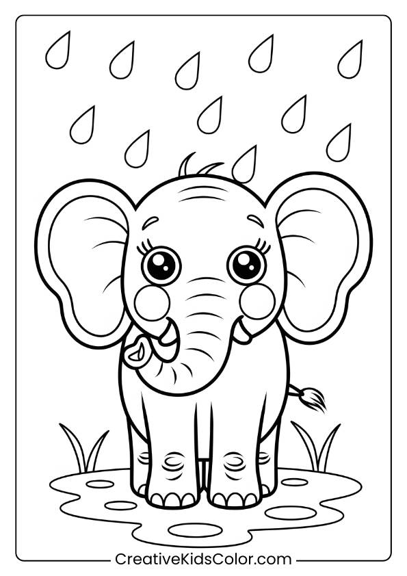 Coloring Page Of A Cute Elephant In The Rain.