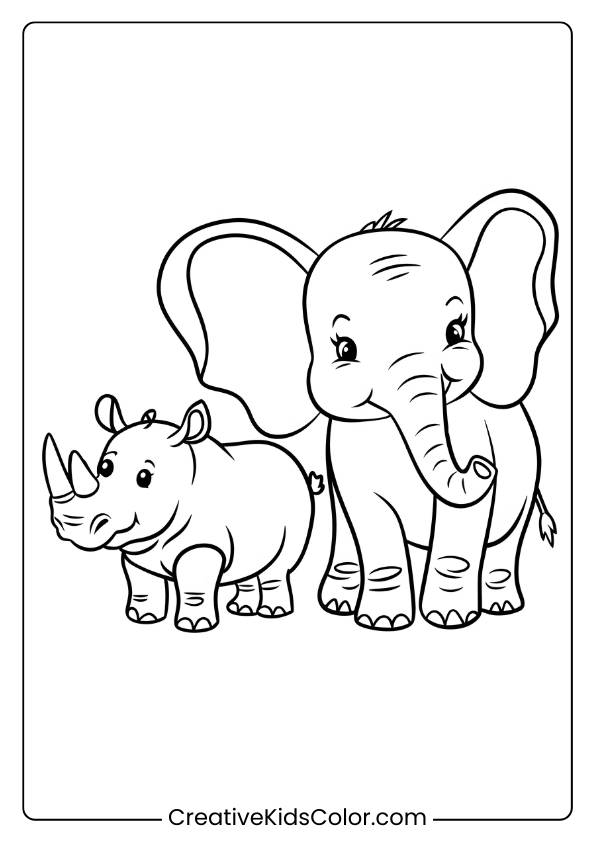 Coloring Page Of An Elephant And A Rhinoceros Together.