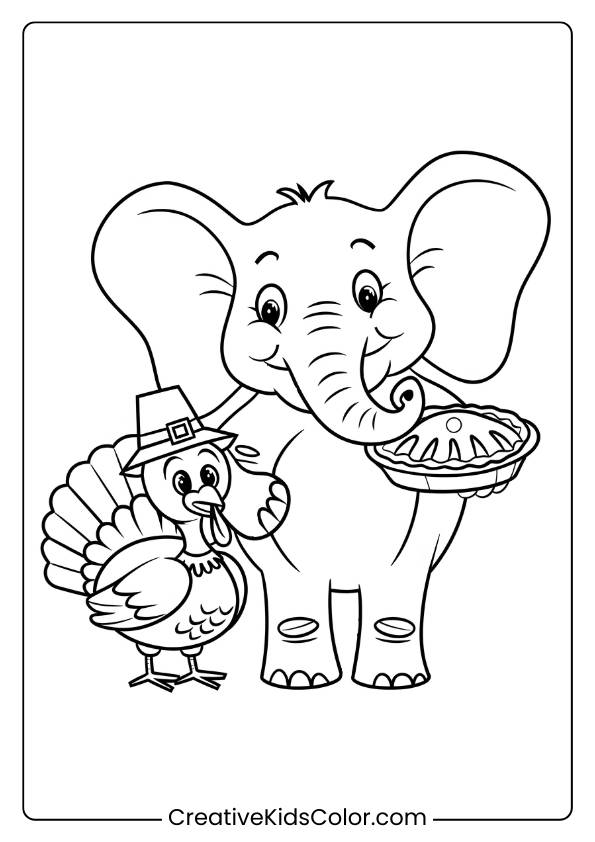 Coloring Page Of An Elephant And A Turkey Celebrating Thanksgiving.