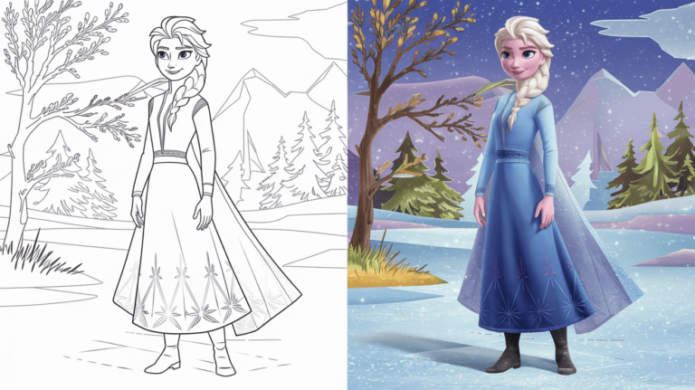 This Coloring Page Cover Shows Elsa In Monochrome On The Left And Fully Colored In Her Blue Dress With A Snowy Background On The Right.
