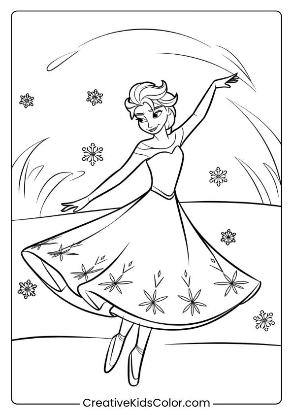 Elsa Dancing In A Snowy Landscape In This Printable Coloring Page, Showcasing Her Elegance And Winter Setting.