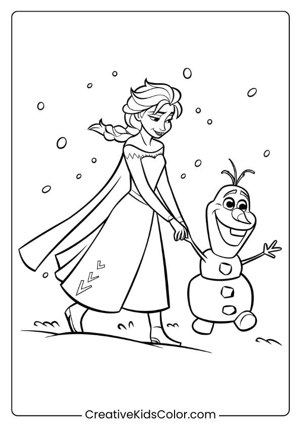 Elsa Holding Olaf’s Hand As They Walk Through The Snow In This Coloring Page, Showcasing Their Close Friendship In A Snowy Setting.