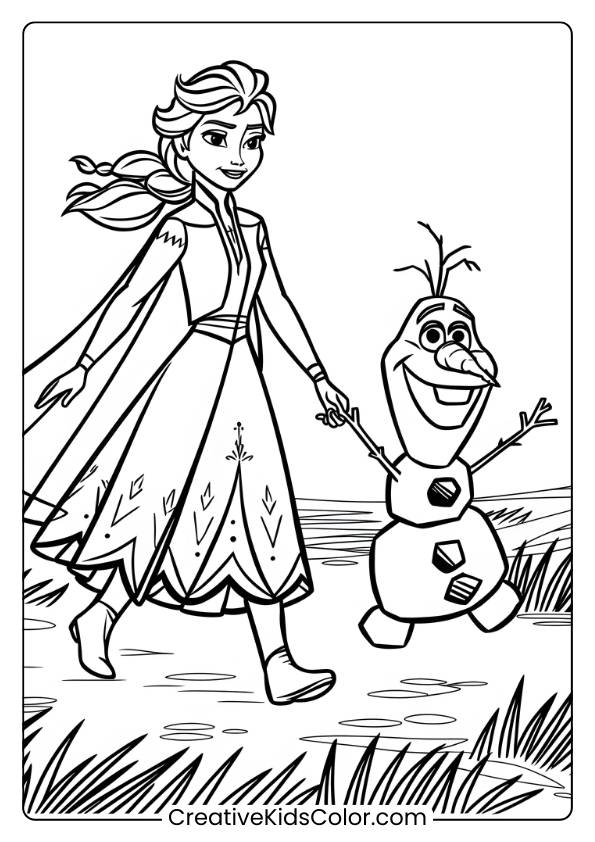 Elsa Holding Olaf’s Hand In This Printable Coloring Page As They Walk Through Snowy Fields, Showcasing Their Friendship.