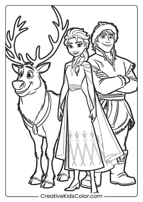 Elsa With Sven And Kristoff Preparing For A Winter Journey In This Coloring Page, Showcasing Their Bond And Adventure.