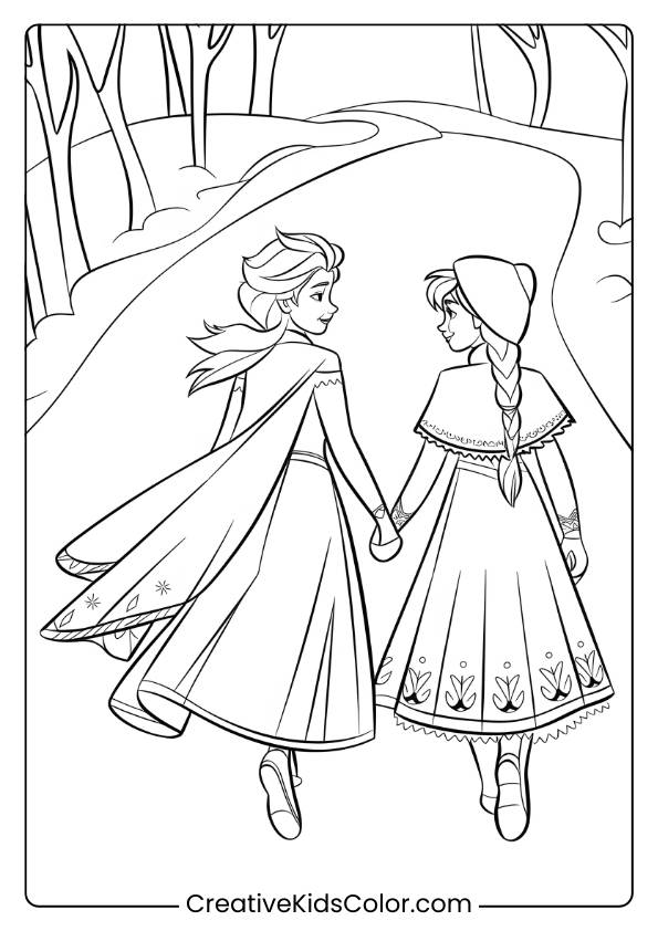 Elsa And Anna Walking In A Snowy Forest In This Printable Coloring Page, Showcasing Their Winter Adventure.