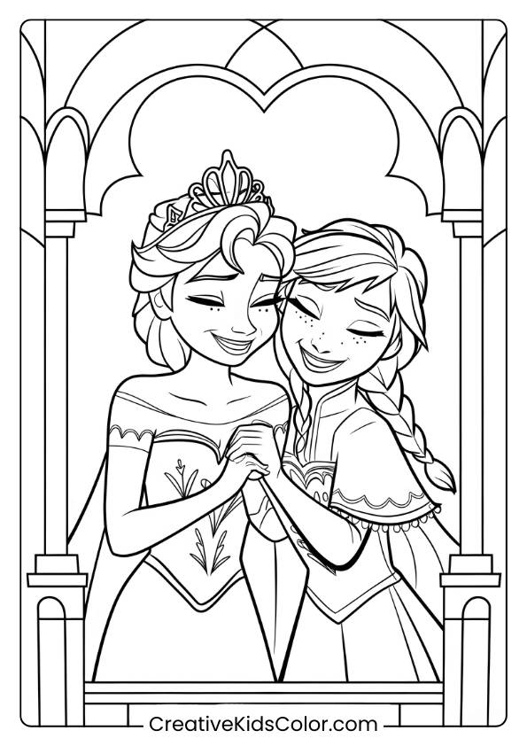 Elsa And Anna Laughing Together In The Castle In This Coloring Page, Showcasing Their Close Relationship In A Royal Setting.