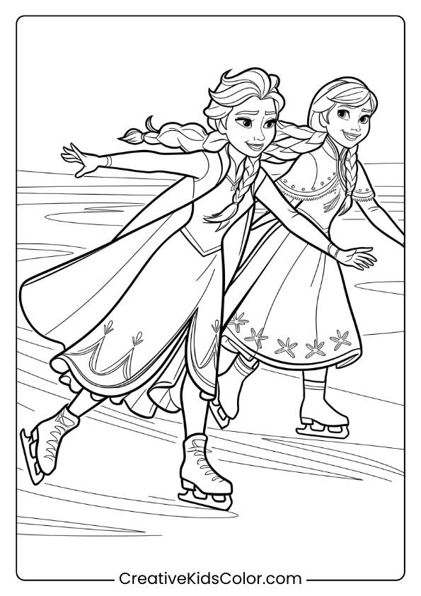 Elsa And Anna Ice Skating On A Frozen Lake In This Coloring Page, Featuring The Iconic Frozen Characters On A Winter Adventure.