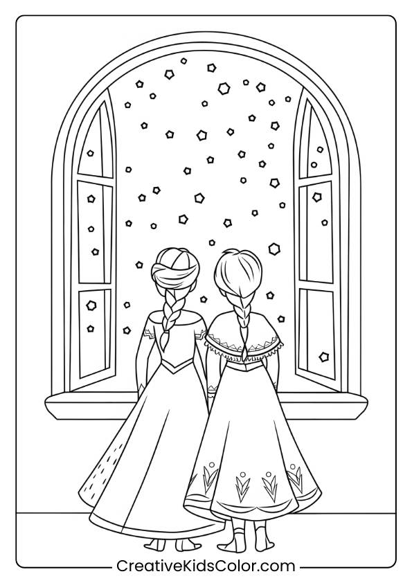 Elsa And Anna Watching The Snow Fall From Their Castle Window In This Coloring Page, Capturing A Serene Winter Scene.