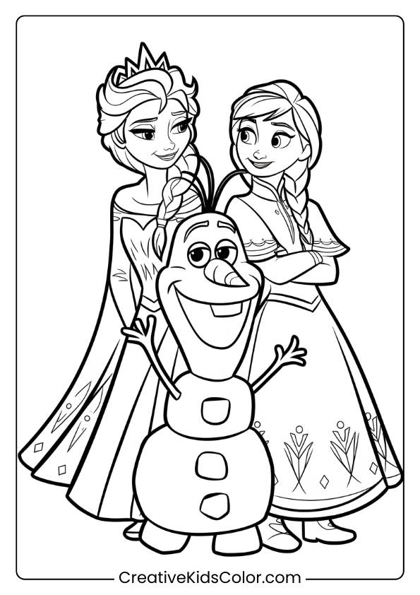 Elsa, Anna, And Olaf Laughing Together In This Coloring Page, Capturing Their Friendship And Joyful Moment In A Winter Setting.